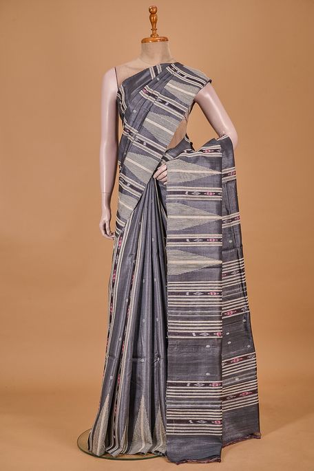 tussar dark steel grey saree with blouse
