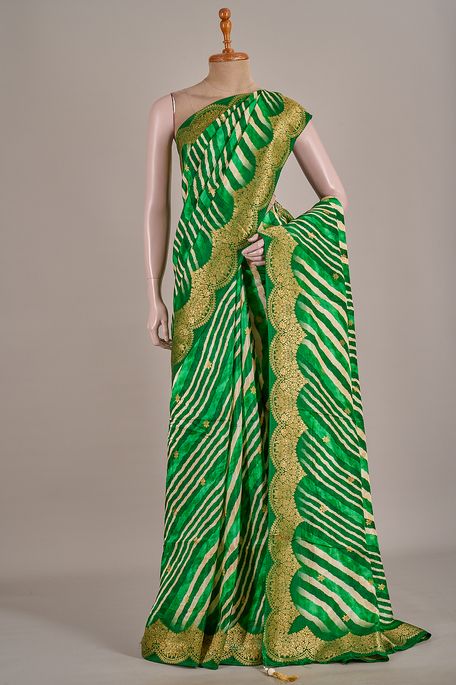 Lehrayia- dupion light beige dark olive green parrot green saree with blouse