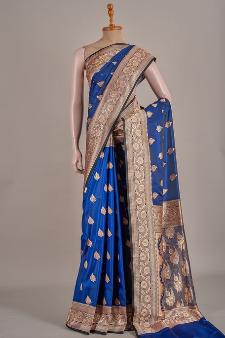 Banarasi satin dark pottery blue saree with blouse