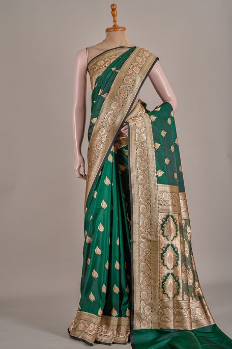 Banarasi satin dark olive green saree with blouse