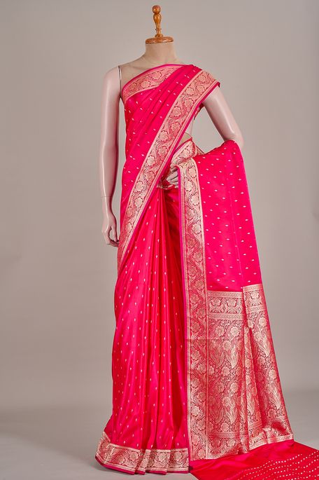 Banarasi satin fuschia pink saree with blouse