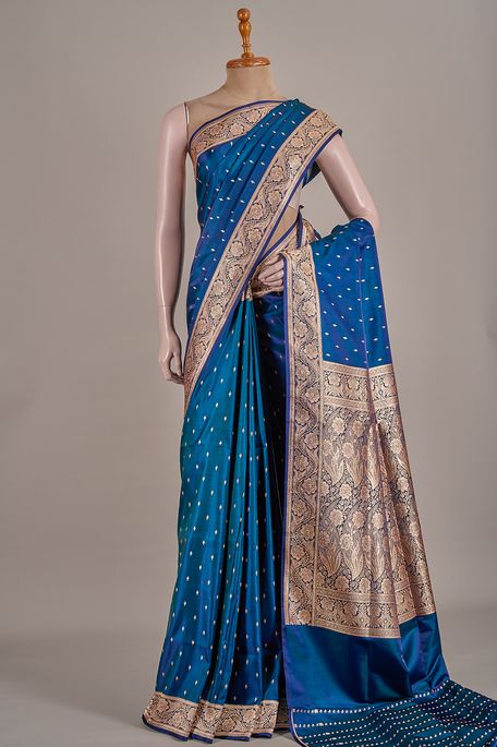 Banarasi satin dark pottery blue saree with blouse