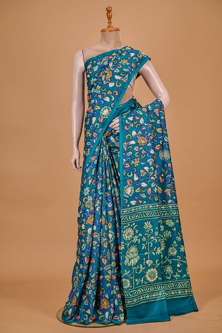Kalamkari- silk dark sapphire aqua blue saree with blouse