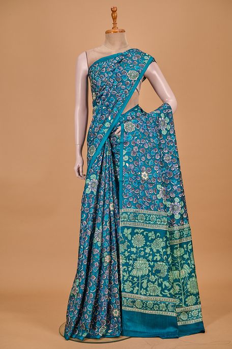 Kalamkari- silk dark sapphire aqua blue saree with blouse