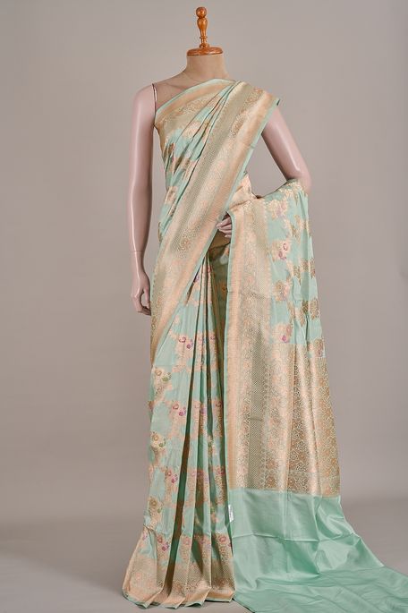Banarasi silk light teal blue saree with blouse