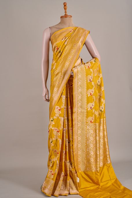 Banarasi silk mustard olive green saree with blouse