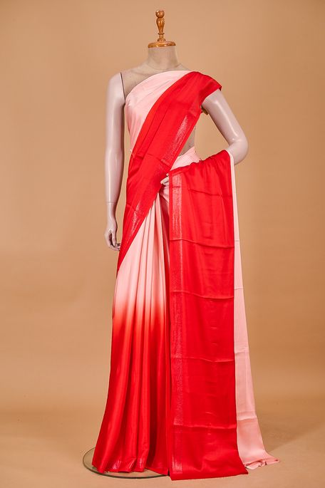 satin light peach pink blood red saree with blouse