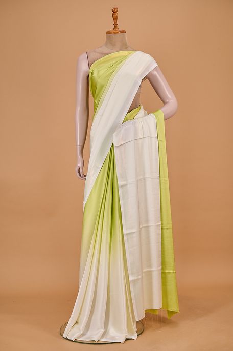 satin light beige dark raw apple green saree with blouse