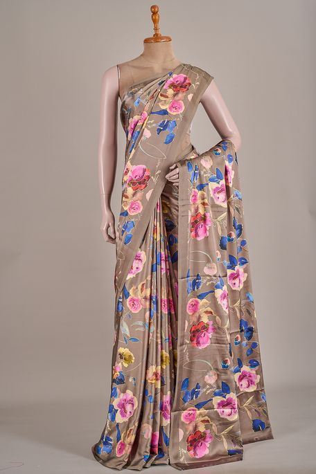 satin light khakhi green brown saree with blouse