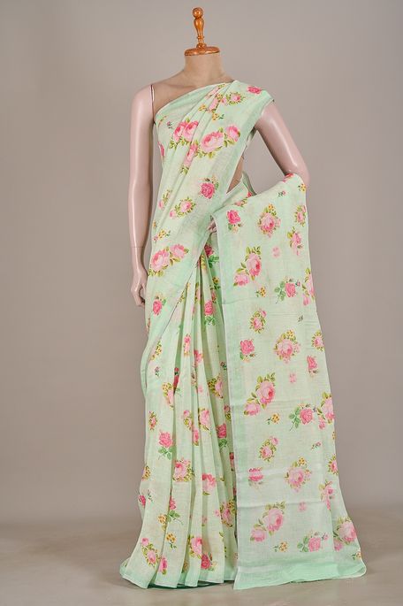 cotton linen cool mint sea green saree with blouse