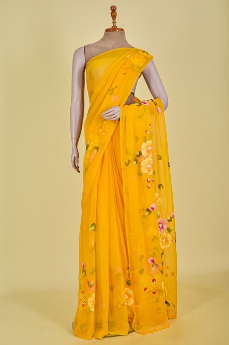 chiffon golden yellow saree with blouse