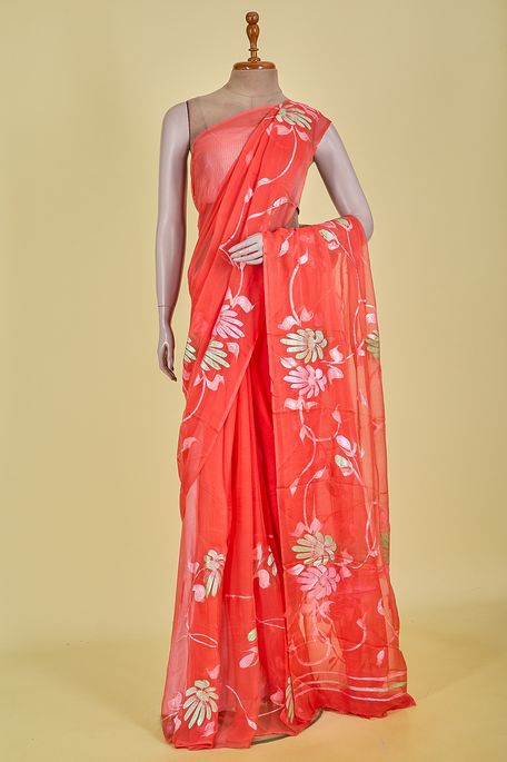 chiffon saffron orange saree with blouse