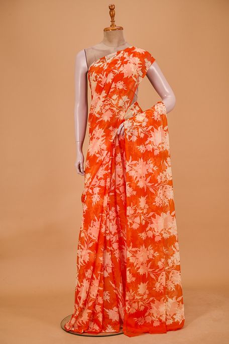 chiffon dark orange saree with blouse