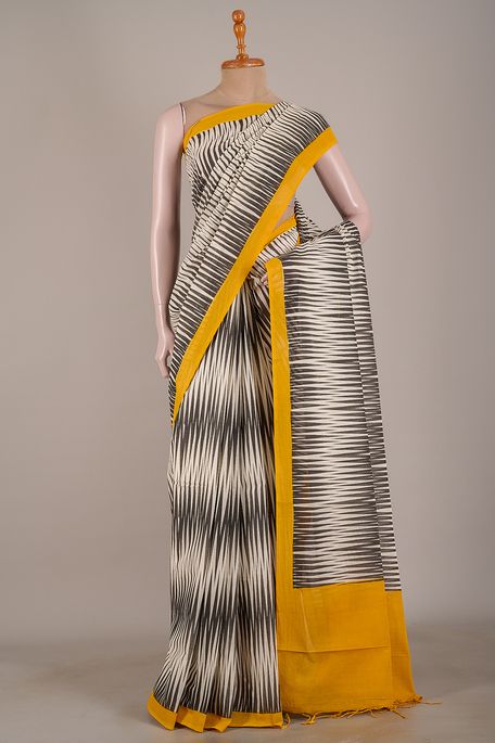 cotton chanderi light beige black saree with blouse