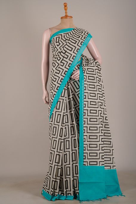 cotton chanderi light beige black saree with blouse