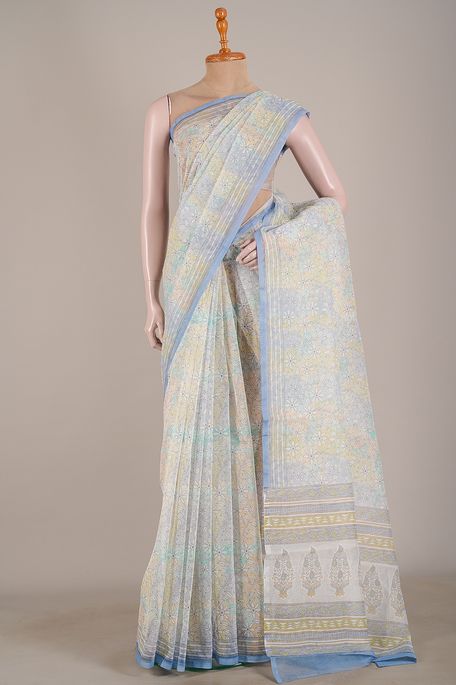 kota cotton light beige light steel grey light persian sea green saree with blouse