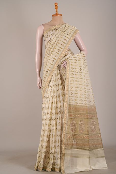 kota cotton light earth olive green saree with blouse