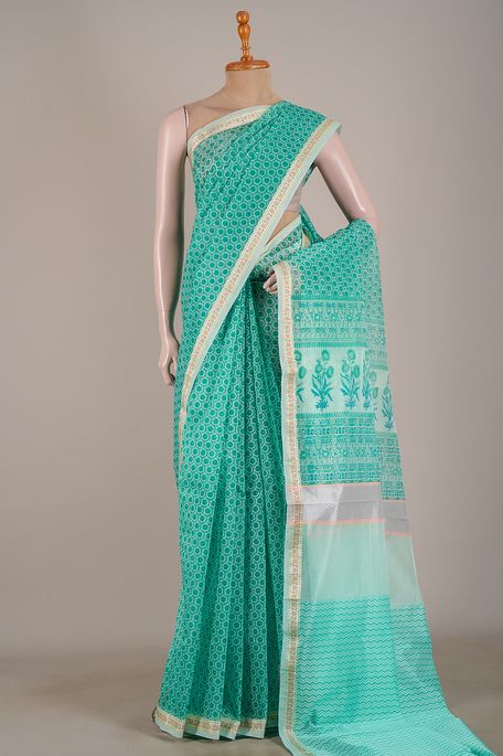 kota cotton mint cream sea green saree with blouse