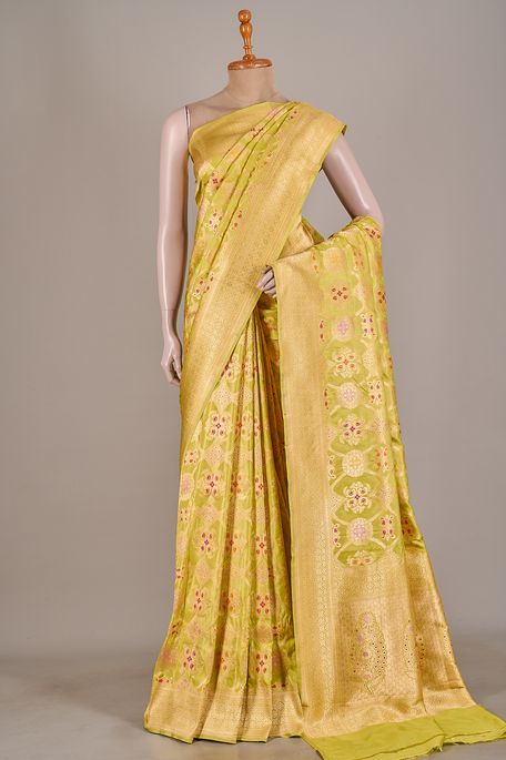 Banarasi khatan silk raw apple green saree with blouse