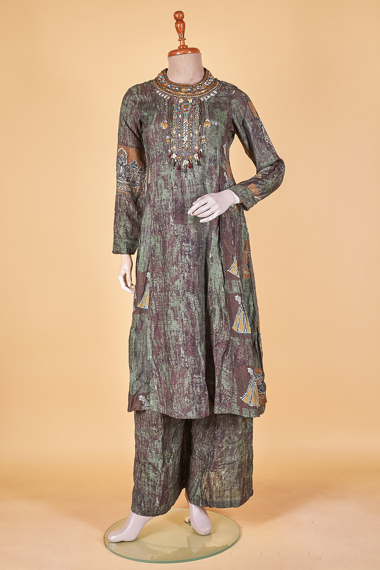 Buy Silk Chocolate Brown Dark Earth Olive Green Anarkali Suit Ready To Wear  - Mysore Saree Udyog INTL